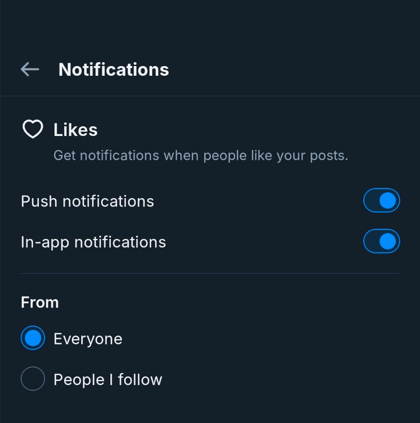 Screenshot of Bluesky's notification settings, showing that one can turn off "push" and "in-app" notifications when someone likes your post. This can be applied to everyone or just people you follow.