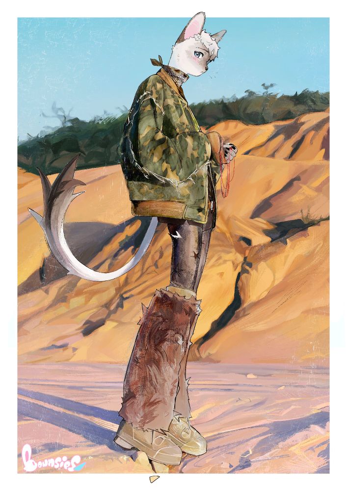 anthro ragdoll cat, jules, standing in a sand dune. he is wearing a camo jacket, with black shorts, black leggings and fuzzy boots