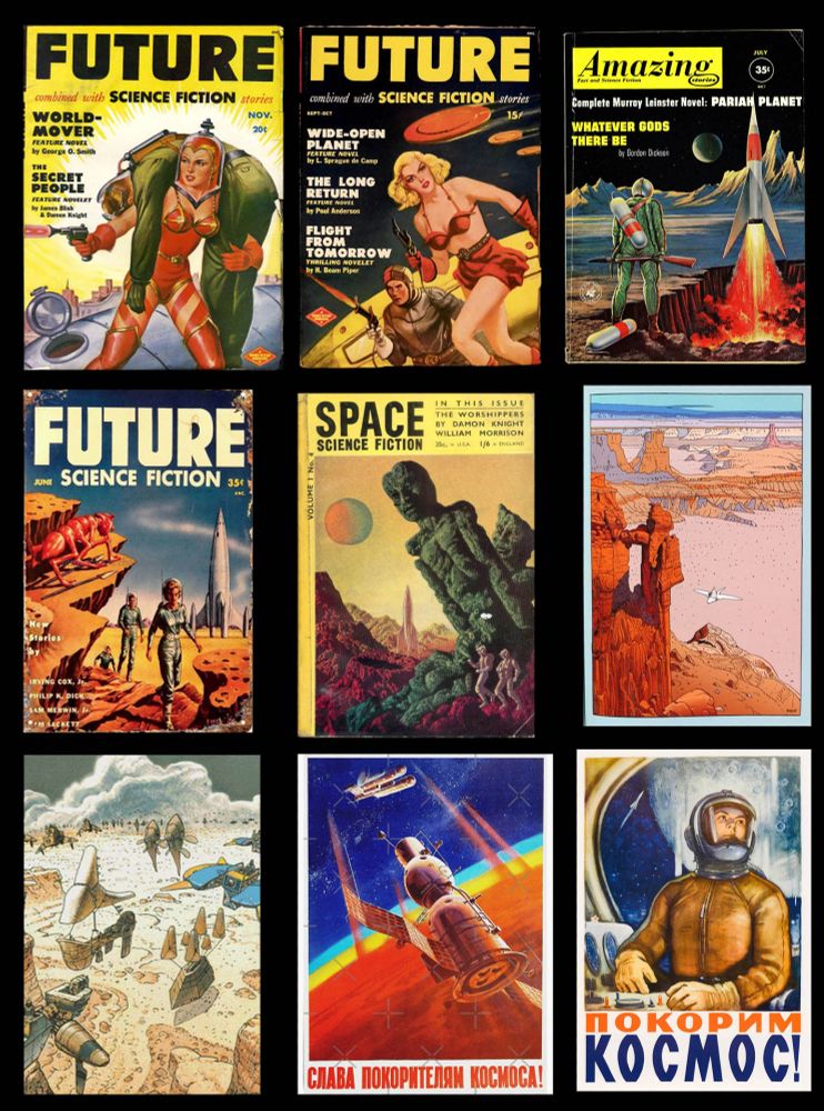 Collage of 9 inspiration images of retro science fiction posters, illustrations, and magazine covers. Most have a space theme and bright colours.