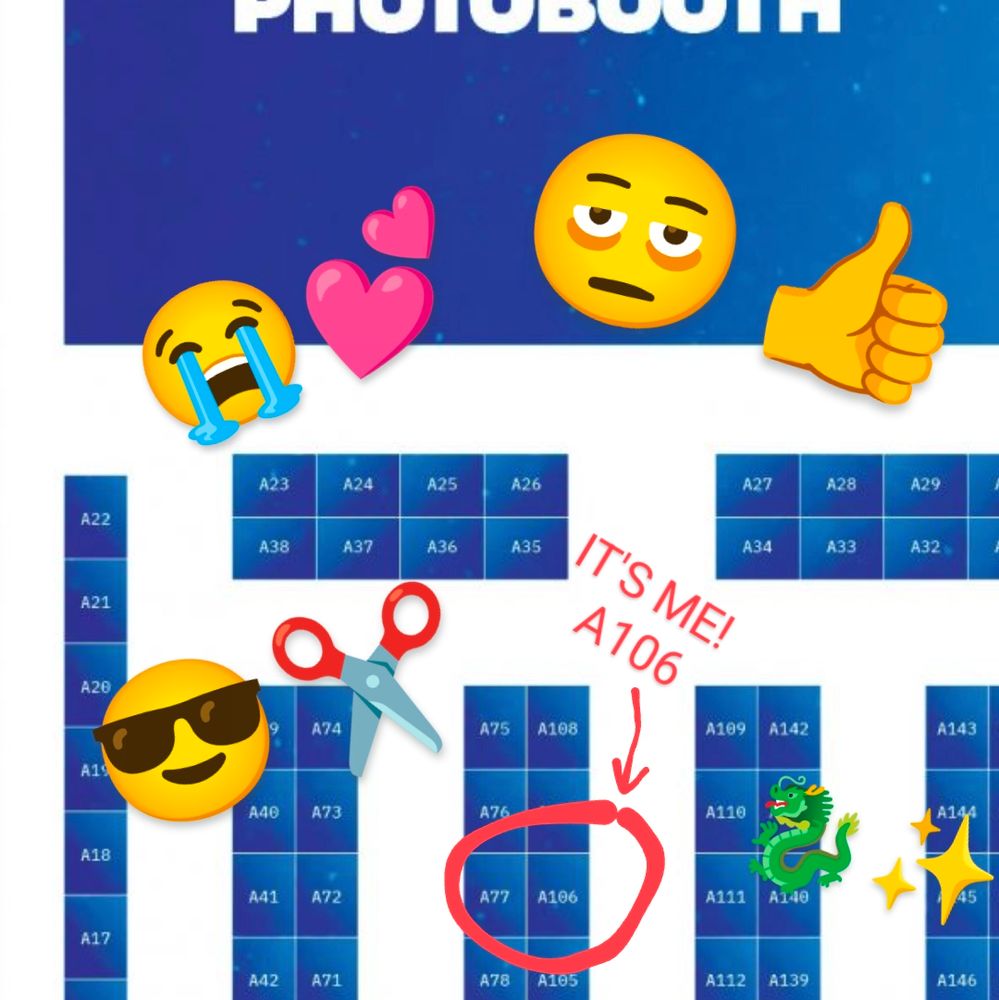 Screenshot of the Anirevo floor map with table A106 circled, with a label of "IT'S ME! A106." Various emojis are strewn about in a fit of whimsy