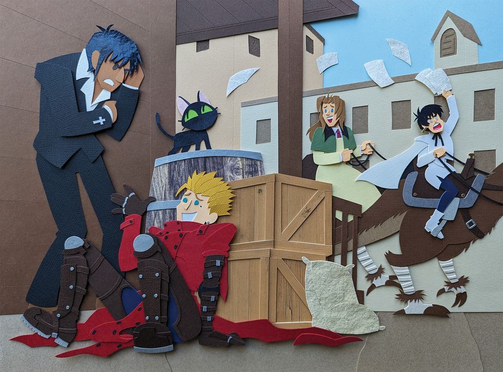 Paper illustration of Wolfwood, Vash, Meryl, and Milly from Trigun in an old-west style town. On the left side, Vash is hiding behind a barrel and crates looking apologetically up at Wolfwood, who is hiding his face and looking down at Vash in a scolding way. A black cat, Kuroneko, stands happily on the barrel, looking at Wolfwood. On the right side, Meryl and Milly ride Thomases (fantastical, two-legged horse-like animals) down the road. Meryl leads the way, angrily holds up insurance papers that fly out of her hands- she's searching for Vash. Milly in the back looks adoringly to the left at Kuroneko, and will likely spot Wolfwood and Vash shortly.
