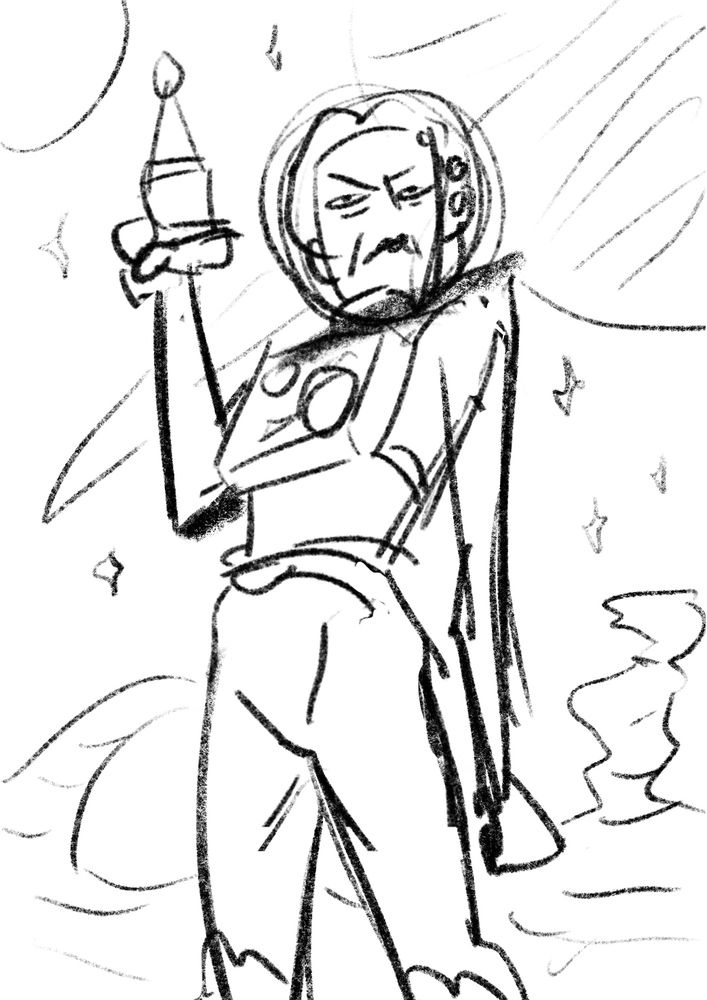 Loose thumbnail of Wendy Oldbag holding up her laser gun, close to the final design.