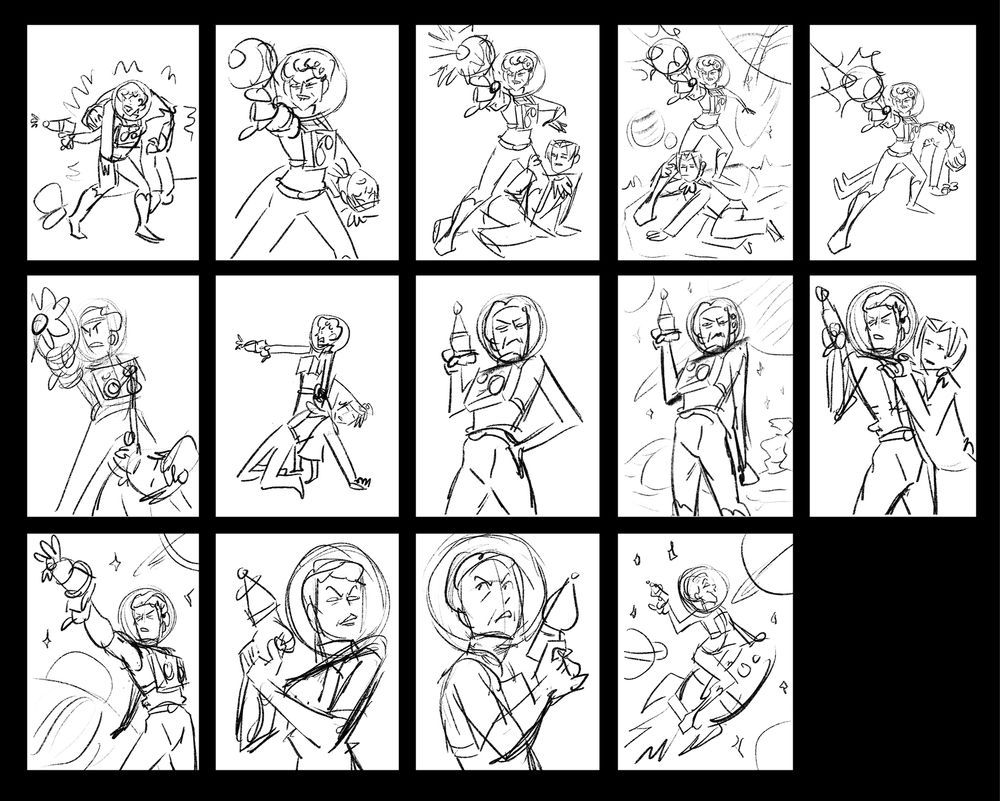 Collection of 14 very loose thumbnails for illustration ideas, all featuring Wendy in her space suit in exciting space poses. Some of them have Miles Edgeworth in them, taking the place of a damsel in distress.