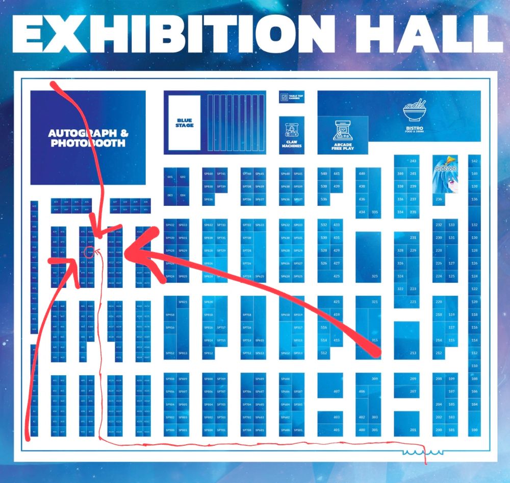 Screenshot of the Anirevo floor map with table A106 circled, with red arrows pointing towards it.