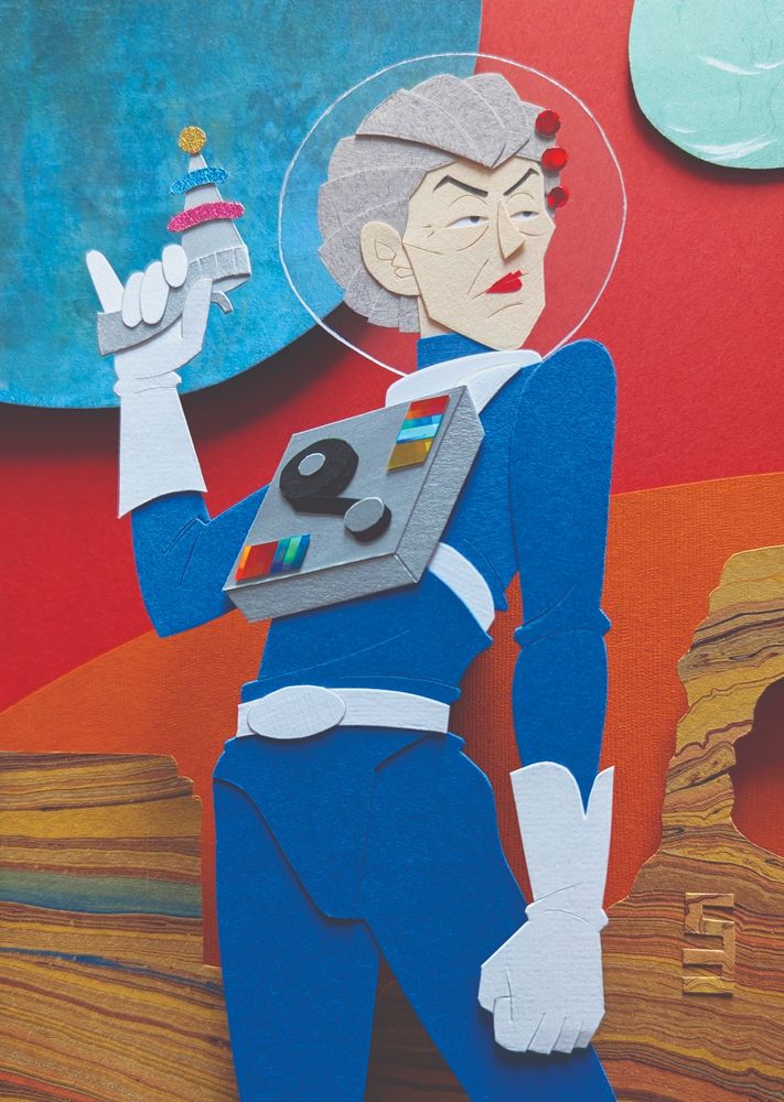 Photo of a paper illustration. Wendy Oldbag, from the Ace Attorney video game series, stands straight with squared shoulders, holding a laser gun in  her right hand, pinky up, pointing to the sky. Her left hand is at her side, in a fist. She looks to the left, a serious expression on her face. She is wearing her blue space jumpsuit with a silver panel on her chest. She has a clear helmet on. The background is an orange planet with sedimentary rock formations, and in the sky are two planets.
