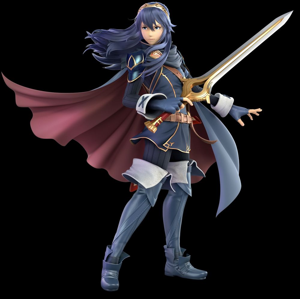 Art of Lucina from Super Smash Brothers. She's a princess of Ylisse, bearing a strong resemblance to her ancestor Marth. She has long dark blue hair, and is wearing dark blue light armor with golden accents, as well as a similarly colored cloak with a red lining, and thighboots. She wields the Falchion, a longsword that widens at the base instead of a traditional crossguard.