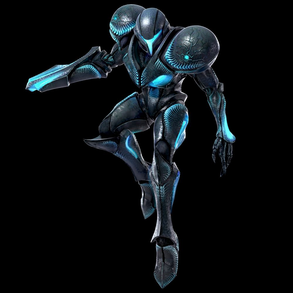 Art of Dark Samus from Super Smash Brothers. It is an entity mimicking Samus Aran after its defeat at the end of Metroid Prime, merged with the remains of the Phazon Suit. The armor is a dark teal, with glowing cyan accents. Veins and ridges on the armor illustrate it has been transformed.