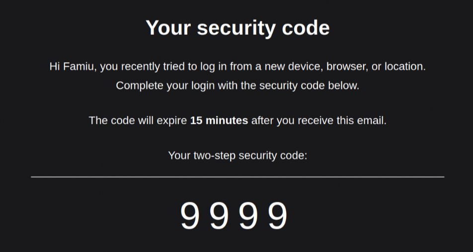2FA security code email showing 9999 as the security code