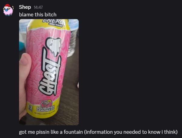 discord message from me that reads:
"blame this bitch"
(below is a picture of a can of sour pink lemonade ghost)
"got me pissin like a fountain (information you needed to know i think)"