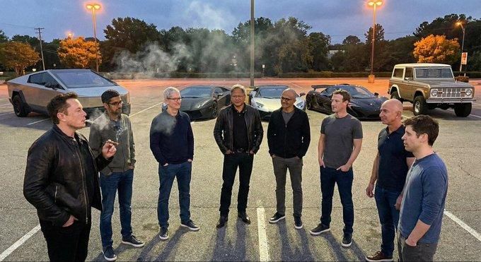 deepfake of the $1 Trillion Squad.
CEOs of Tesla, Google, Apple, Nvidia, Microsoft, Meta, Amazon (OK he's just the founder now), and OpenAI all standing in the semicircle looking at each other in a smoke-filled twilight. CyberTruck showing in the background parking lot.