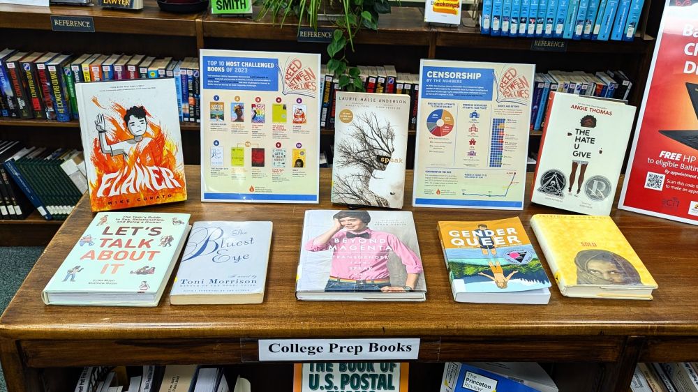 Image: a book display for banned books week 2024, including many of said banned books. From left to right is Flamer by Mike Curato, Let's Talk About It: The Teen's Guide to Sex, Relationships, and Being a Human by Erika Moen and Matthew Nolan, The Bluest Eye by Toni Morrison, Beyond Magenta by Susan Kuklin, Gender Queer by Maia Kobabe, The Hate U Give by Angie Thomas, and Sold by Patricia McCormick.