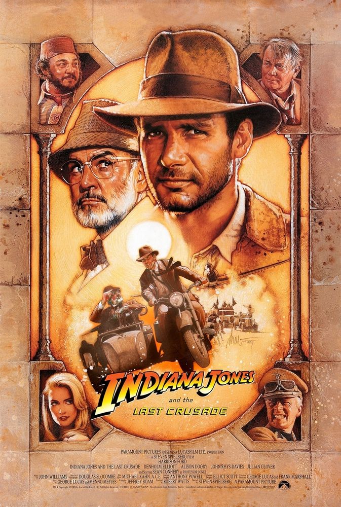 A poster for the 1989 film, Indiana Jones and the last Crusade.

Indiana Jones is at the top middle, his father Henry Jones is to the left.

In the four corners, starting from top left are Sallah, Marcus Brody, Ernst Vogel and Elsa Schneider.

The cast in order of the characters on the poster are Harrison Ford, Sean Connery, John Rhys-Davies, Denholm Elliott, Micheal Byrne and Alison Doody

The frame of the poster is stone. Underneath Indiana is a German motorcycle and sidecar, being ridden by Jones and his father. Under them in red letters is the name of the film and the cast and crew.
