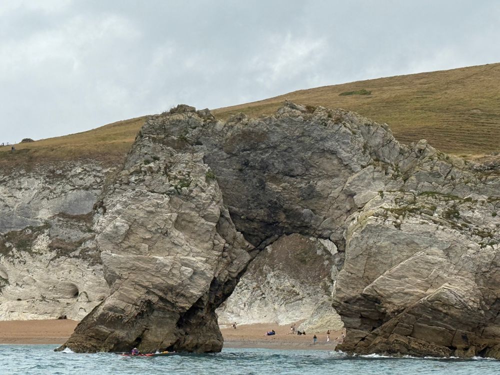 Durdle Door in Dorset seen from the water. From this angle it is called the drinking dragon.