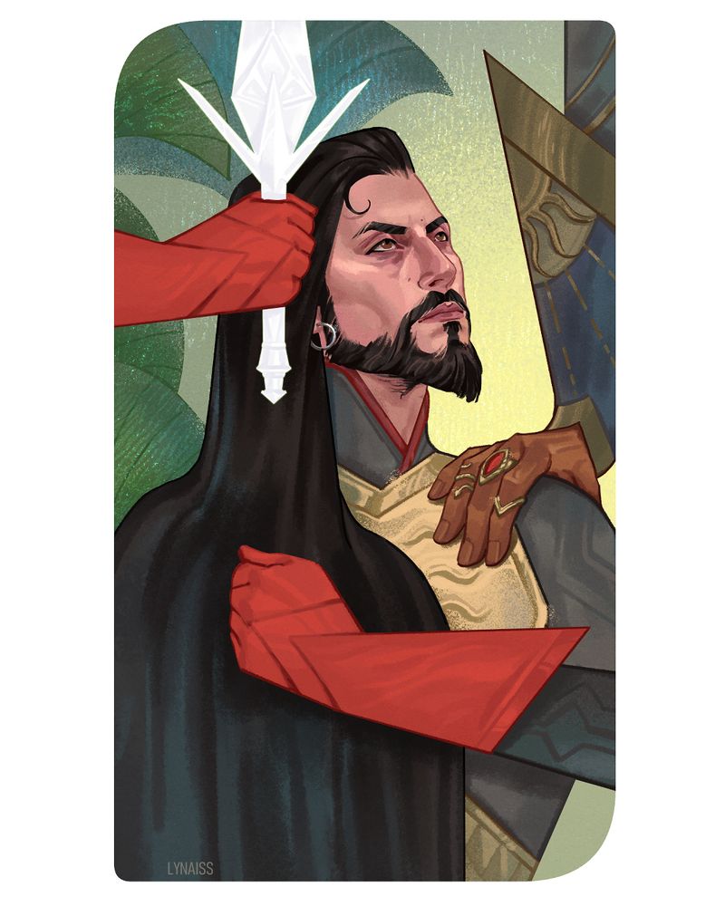 Dragon Age: Inquisition tarot styled piece featuring Tarquin from Dragon Age: The Veilguard. He is pressing a fist to his chest and raising up a sword, almost like in a knightly vow, as he gazes up at Ashur. He is wearing only parts of the templar armor, as if he shed parts of it. There is a resolute and determined look on his face.