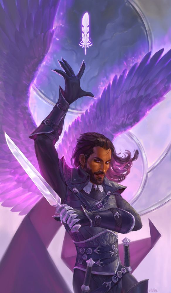 Illustration of Lucanis Dellamorte from Dragon Age: The Veilguard. He is portrayed with glowing purple wings, against an abstract background. With an intense look he is reaching up for a feather, but it's just out of his reach.