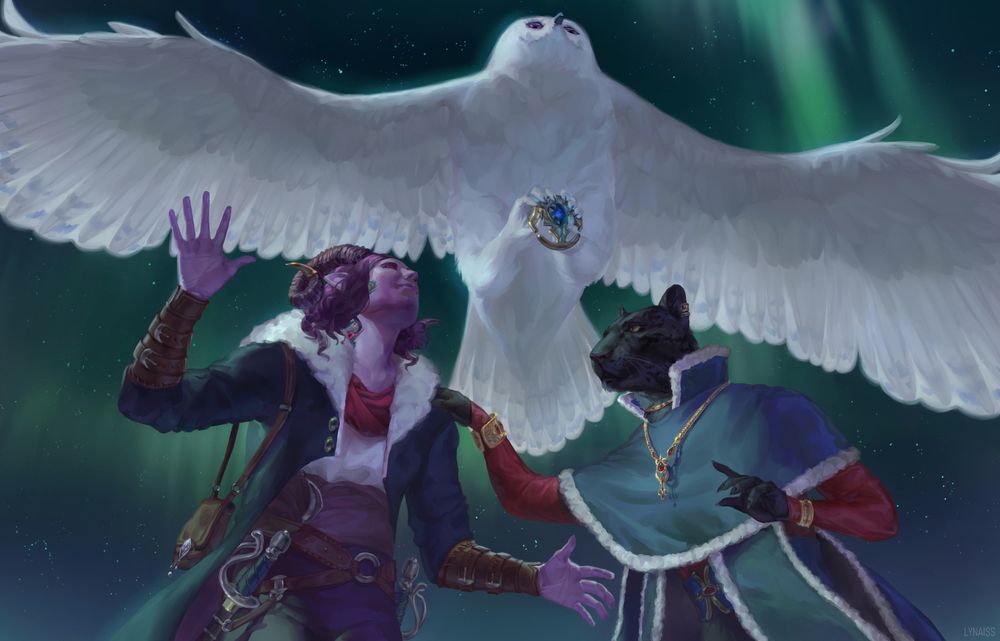 A painterly illustration of A scene from Critical Role, Campaign 2. It shows Jester in owl form flying above Cree and Lucien as she steals a threshold crest from them.