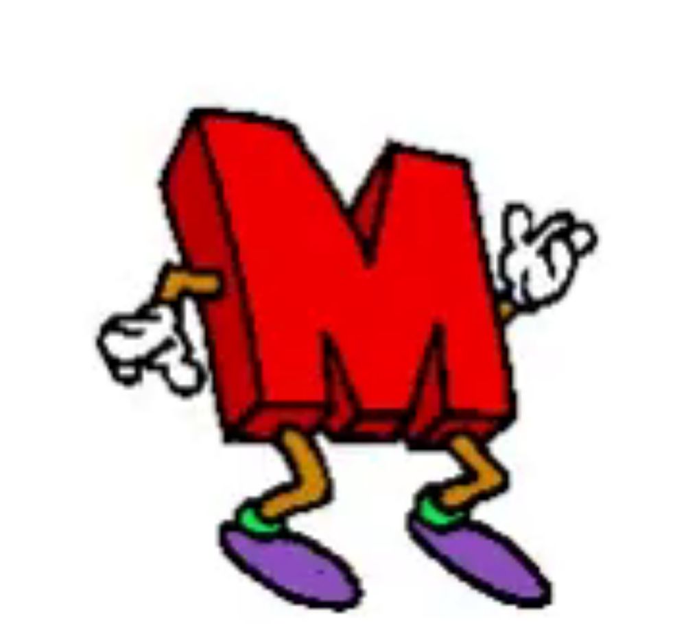 a cartoon drawing of the letter m with arms and legs .