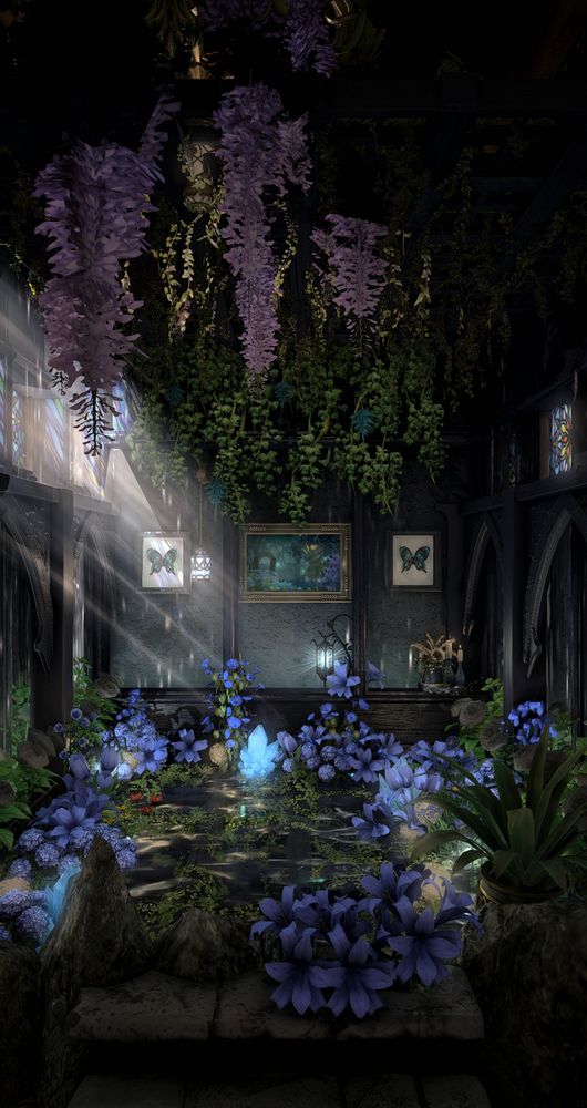 A gpose studio filled with multiple types of blue flowers, and gentle light pouring down, great for moody shots. 