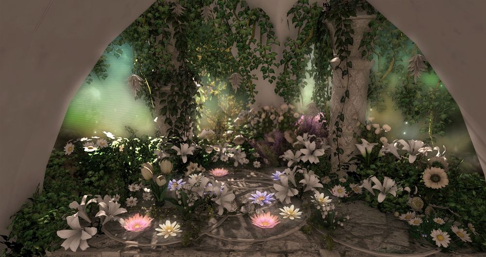 A little corner filled with flowers, of various varieties, the misty morning sun peaking thru the pillars and foliage. 