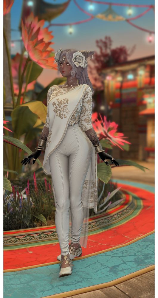 A miqote women walking in the center of a little town. She dawns white apperal that is desi yet modern styled. 