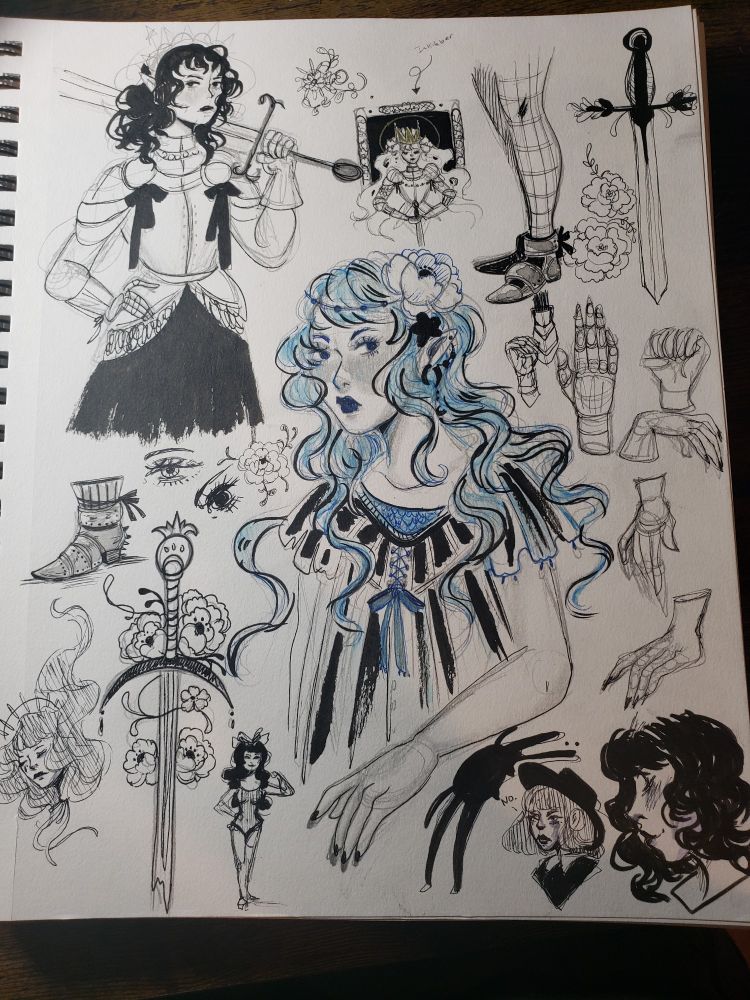 Messy sketchbook art full of doodles and concepts not fully realized. Art of knights and lady's hands and boots filling the page. 