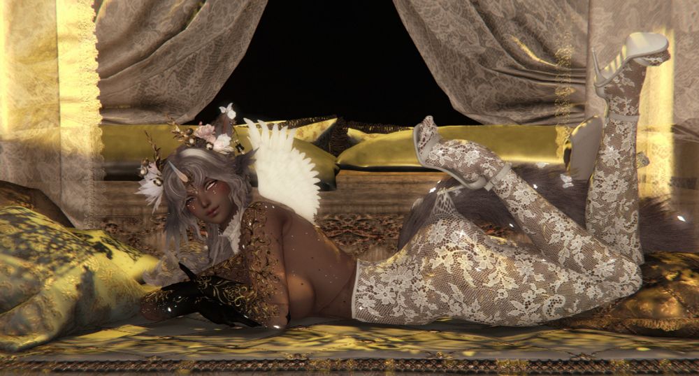 A better view of the lace, brocade, stockings, and various details. 