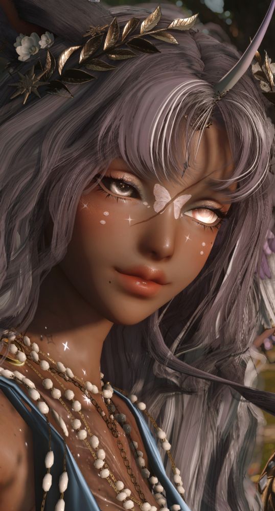 A portrait of a miqotr covered in pearls and golden ornaments. A blue loose shirt apon them.