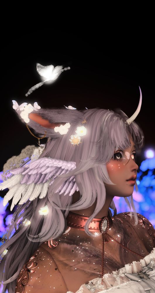 A chimera stands in a starless void with bursts of color between blues and purples. A butterfly passes by and they gaze upwards. 