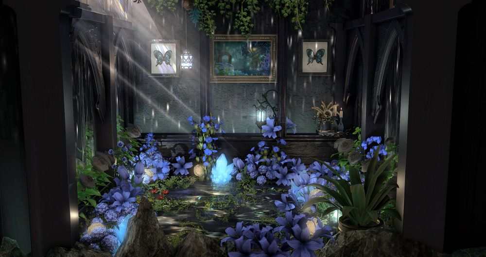 Light illuminates a dark corridor, filled with boundless blue flowers in the glittering water. 