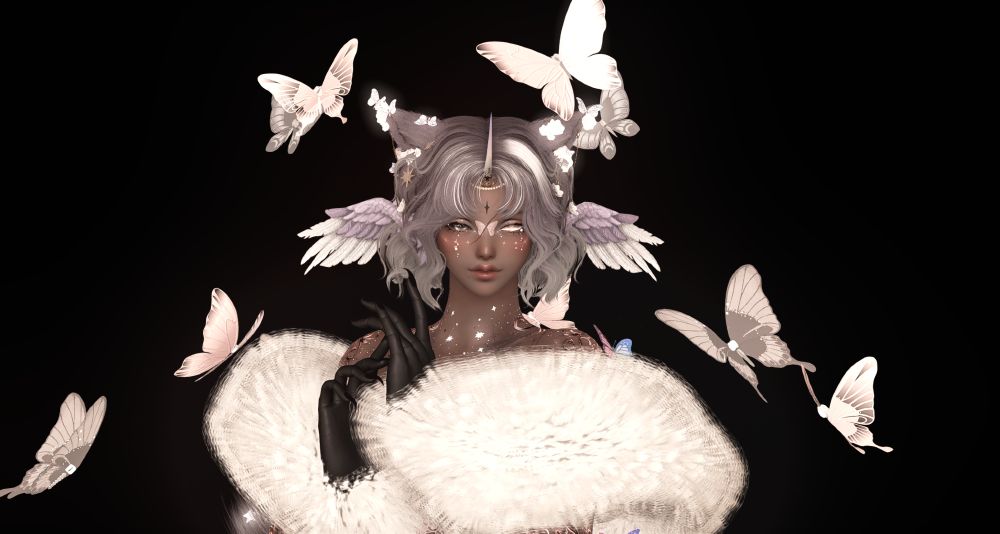 With nothing but a fuzzy shawl on, a miqote has delicately placed hands upwards as butterflies surround them. Their mismatched eyes staring gently off as if daydreaming. 