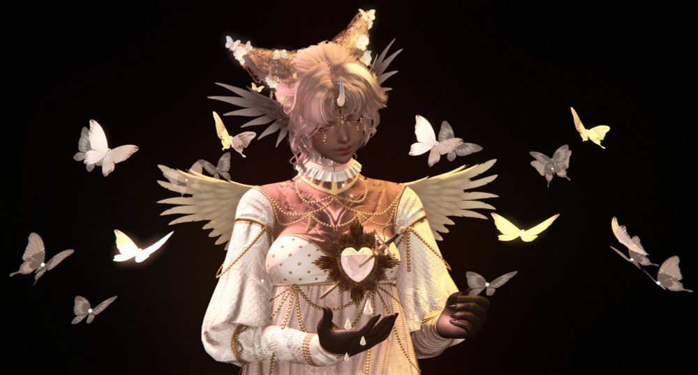 A heart with a sword pierced thru is held gently aloft. Gentle ghostly butterflies surround them and they wear delicate lingerie. 