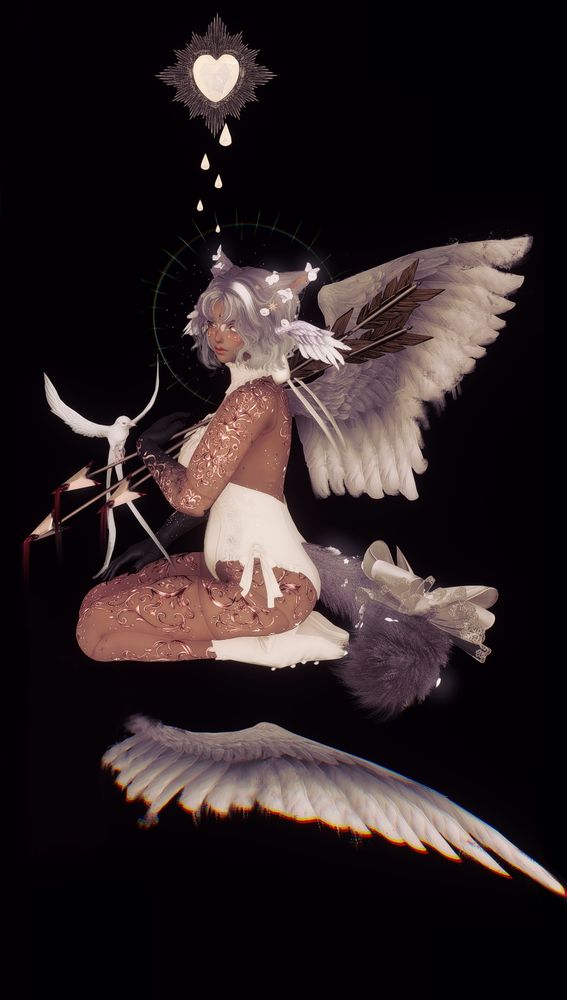 A miqote kneels looking at the viewer with arrows in their chest, and a broken wing beside them. A starbird gently lands onto the arrows as if to mourn a friends lost wing. 