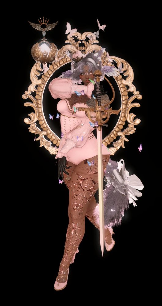 A miqote in pink holds their rapier up with their focus free to hover at will. They stand ready to cast a spell. A light gold frame stands behind them.  