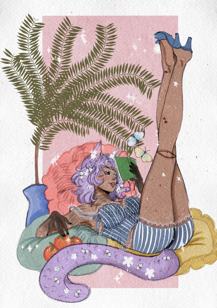 A pin up trend. A miqote relaxing with her legs up as she reads a book and has oranges to snack on. 