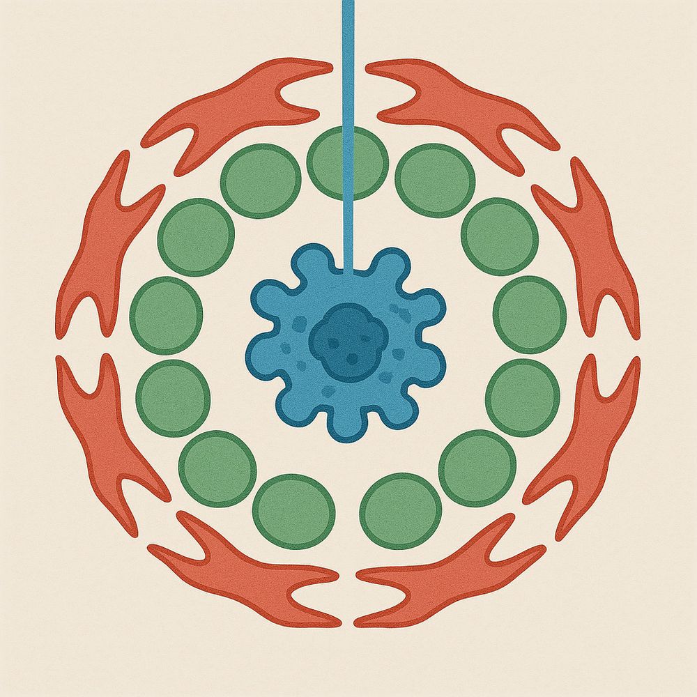 Abstract representation of a cell undergoing ferroptosis with a central blue shape, encircled by green dots, and outer red membrane resembling petals. 
This image was generated using AI.