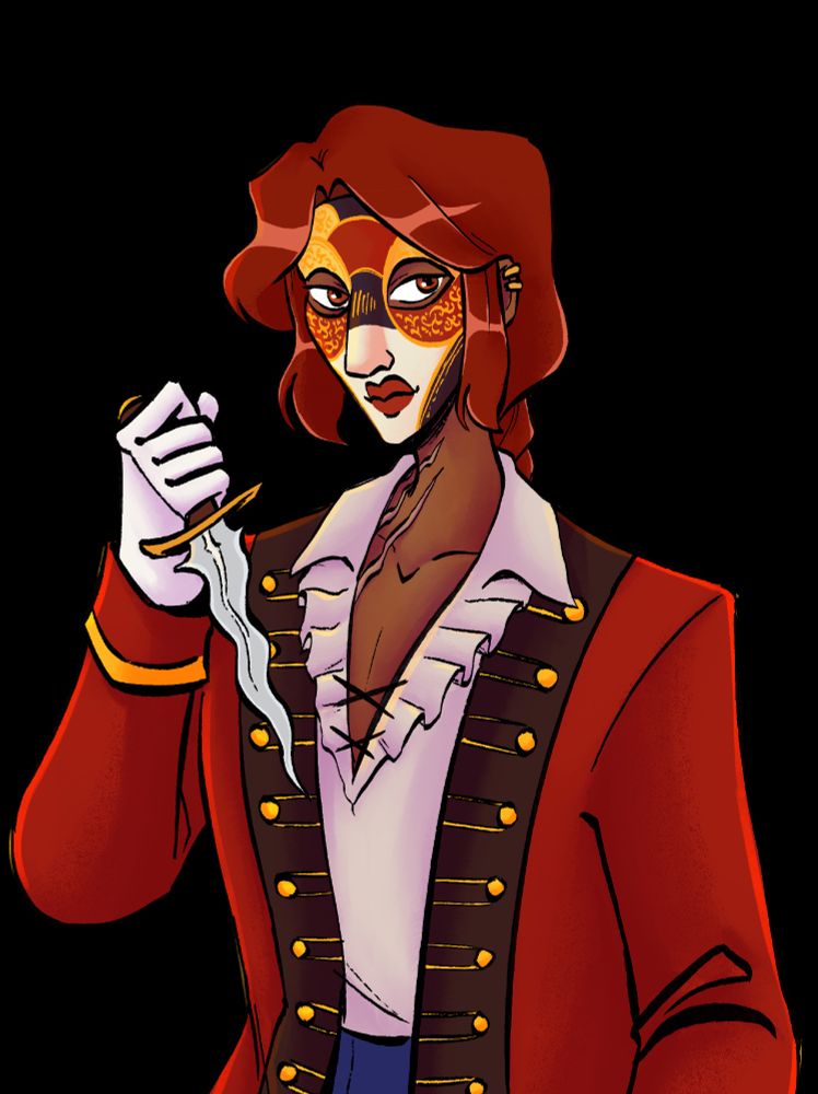 A waist up illustration of Ash: a tall redhead that wears a venetian styled porcelain mask. They wear a pirate coat on top of a frilly white shirt, and they hold a kiris (a Malaysian curved dagger) in their gloved hand.