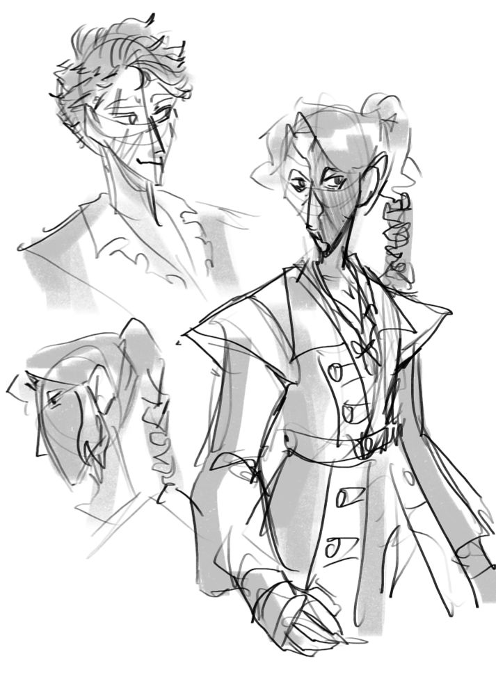 Sketches fearuring my non binary OC, Ash, a masked individual in somewhat piratey clothing.