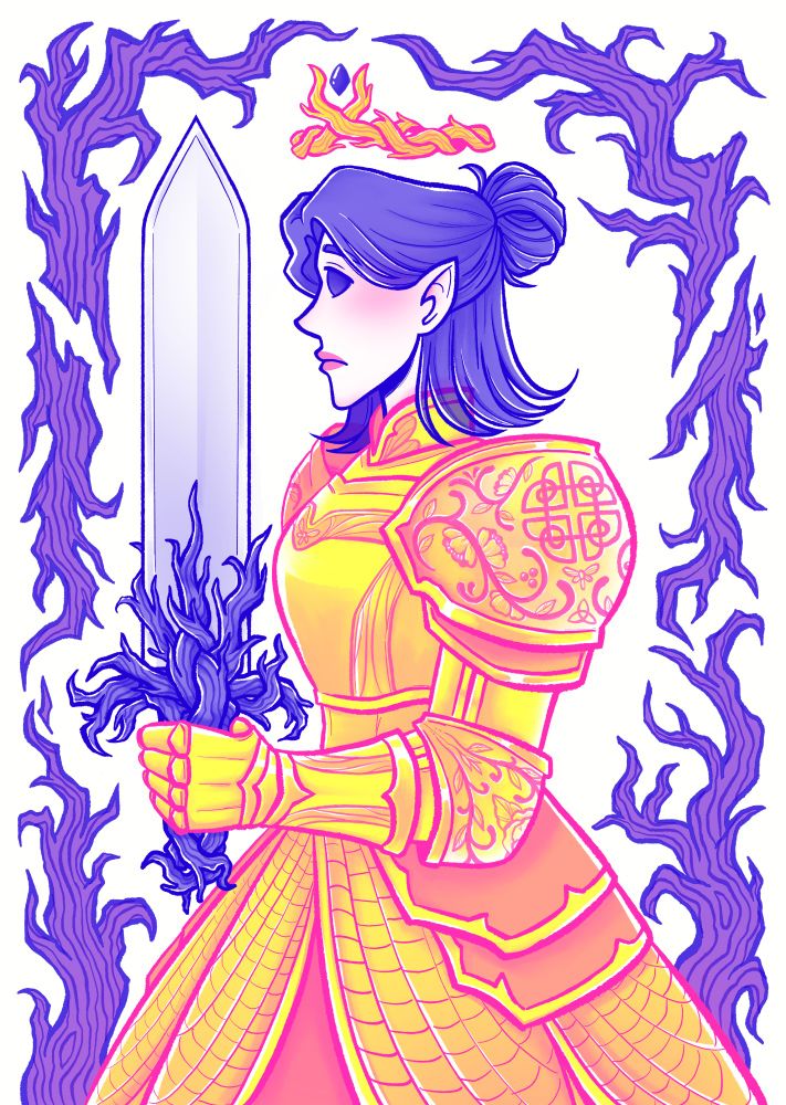 A 3-colour risograph styled illustration (yellow, fluorescent pink, blue). It features a woman in a suit of armour holding a sword. The hilt is formed of decaying tree branches. The frame around her is gnarly tree branches, and above her head is a crown of woven thorns.