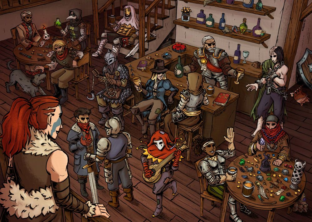 A large landscape illustration featuring the 15 main heroes from the video game Darkest Dungeon, all milling around a busy tavern, drinking, talking, and having fun. The jester plays a little song whilst the Crusader and the Highwayman chat. The Antiquarian examines a bountiful harvest of antiques and trinkets while the Arbalest, with ale in hand, waves up towards the Hellion on the balcony. The Abomination, not so alone in the corner, is offered a drink by the Man-At-Arms who stands behind the bar. The Vestal and the Grave Digger sit at the counter, sharing a drink. The Bounty Hunter inspects his hook rope. The Houndmaster reaches down to give his dear dog a pet, while the Occultist and the Plague Doctor discuss science and the occult after a game of cards. The Leper lounges on the staircase behind. Trinkets and bottles decorate the sheles and surfaces.