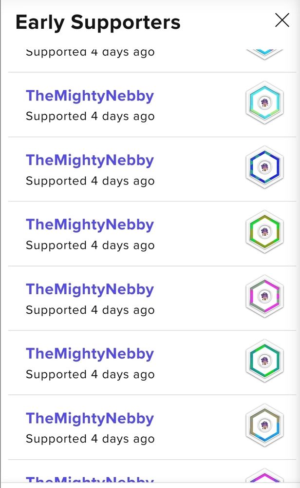 A repeating message saying "TheMightyNebby supportes 4 days ago"