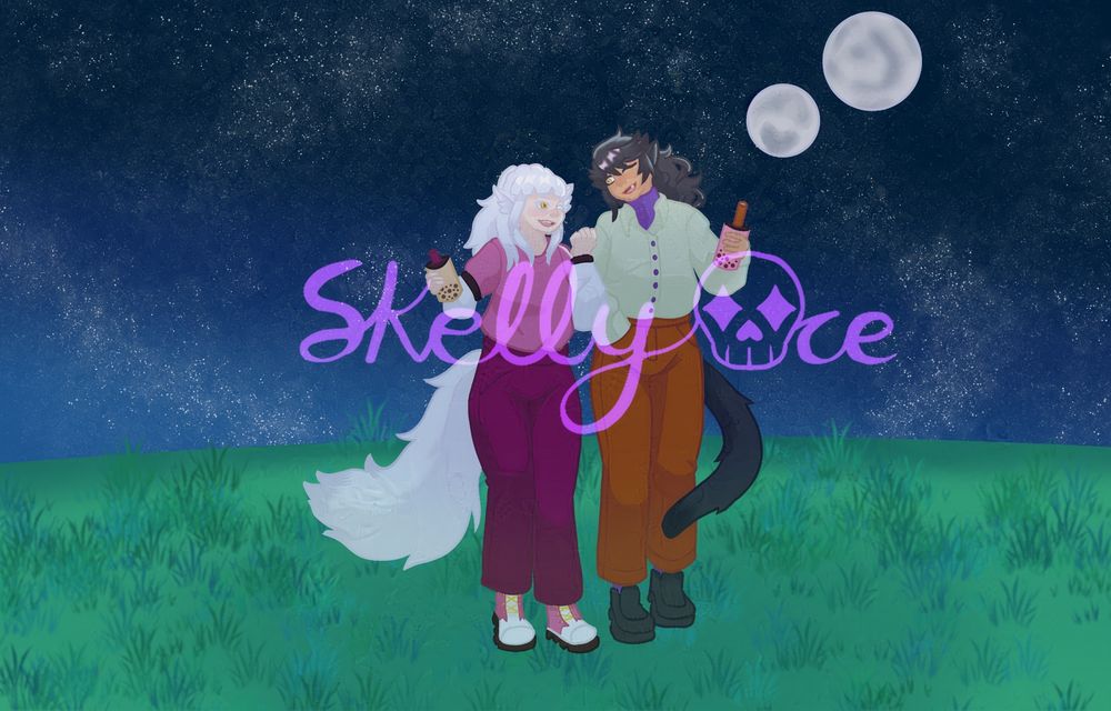 A lesbian couple talking and laughing together on a grassy field, there is a night sky full of stars and two orbiting moons in the background. The shorter one is Billie, a frost wolf with white hair and yellow eyes. She is wearing a pink t-shirt with white arm warmers with black bands on the ends, holding a boba tea with a magenta straw. She is wearing magenta pants with pink and white sneakers that have yellow lace. Her tail is slightly curled, but away from her.

Panthie is a nonbinary feline beast with medium skin and black hair. They have light yellow eyes with a slit pupil. They have a green-white button-up with purple buttons worn on top of a purple turtleneck, and are wearing orange pants with black oxfords. Their tail is curled below their knee. They have a strawberry boba tea with an orange straw.