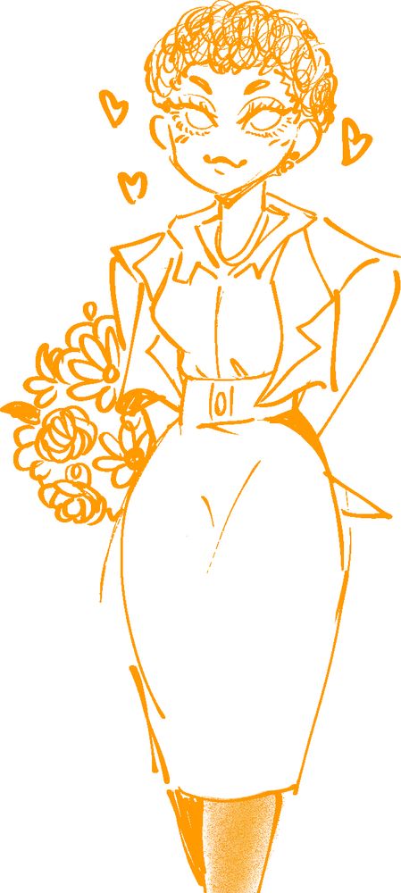 A picture of Ashanti in business attire hiding a bouquet of flowers behind her back. Possibly as a gift, or maybe just walking around daydreaming to herself as she smiles sweetly. 

Ashanti is drawn simply, but her appearance is as such, short coily black hair cut to almost a buzz, but just a bit longer. A high waisted skirt and grey tights with a shoulderpadded vest and a cute button up blouse. 

The drawing is a loose, uncolored sketch