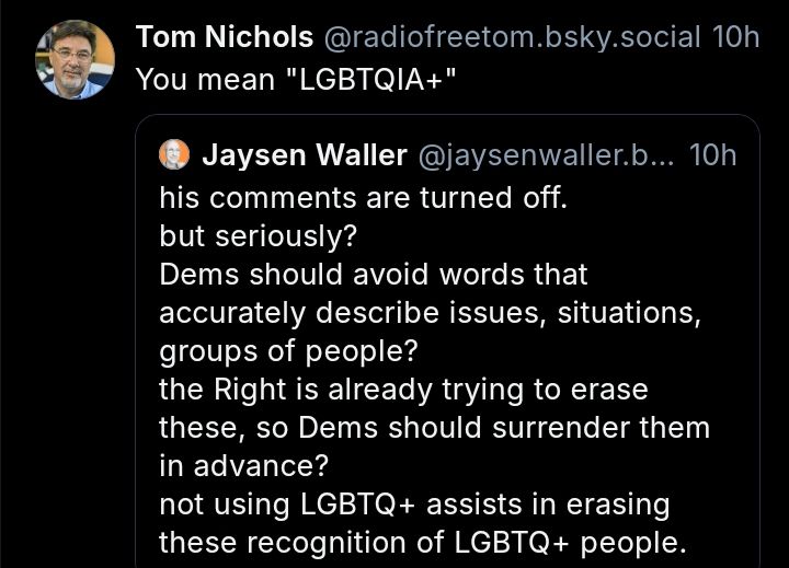 Tom Nichols reposting and responding to Jaysen Waller on Bluesky. Jayson: 