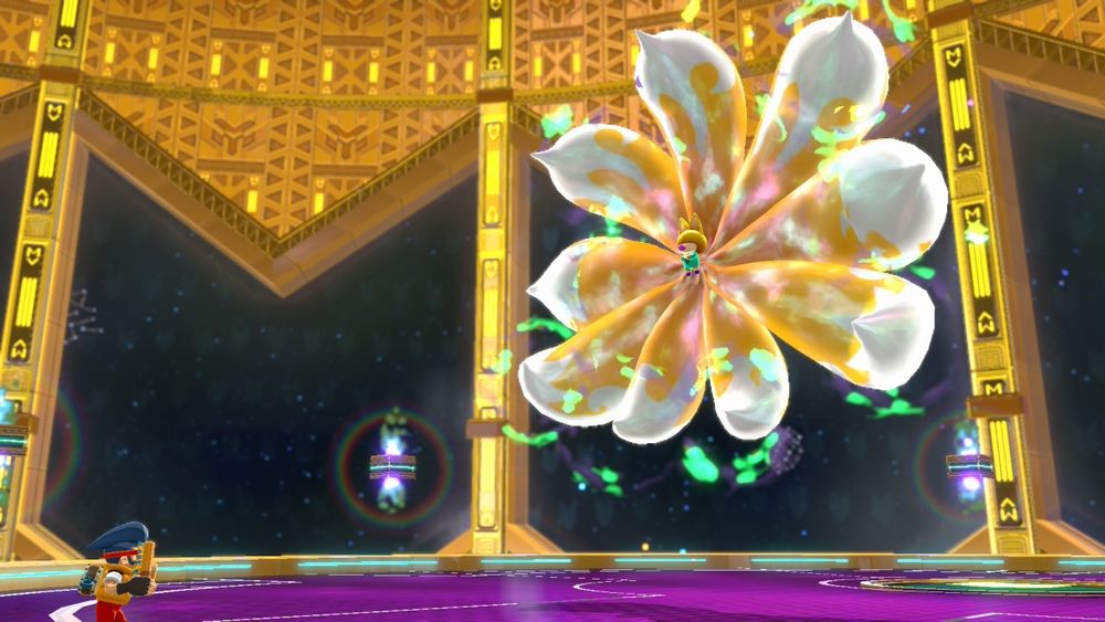 A humanoid baby ninetails fox in a golden room in outer space confronts Bakeru.