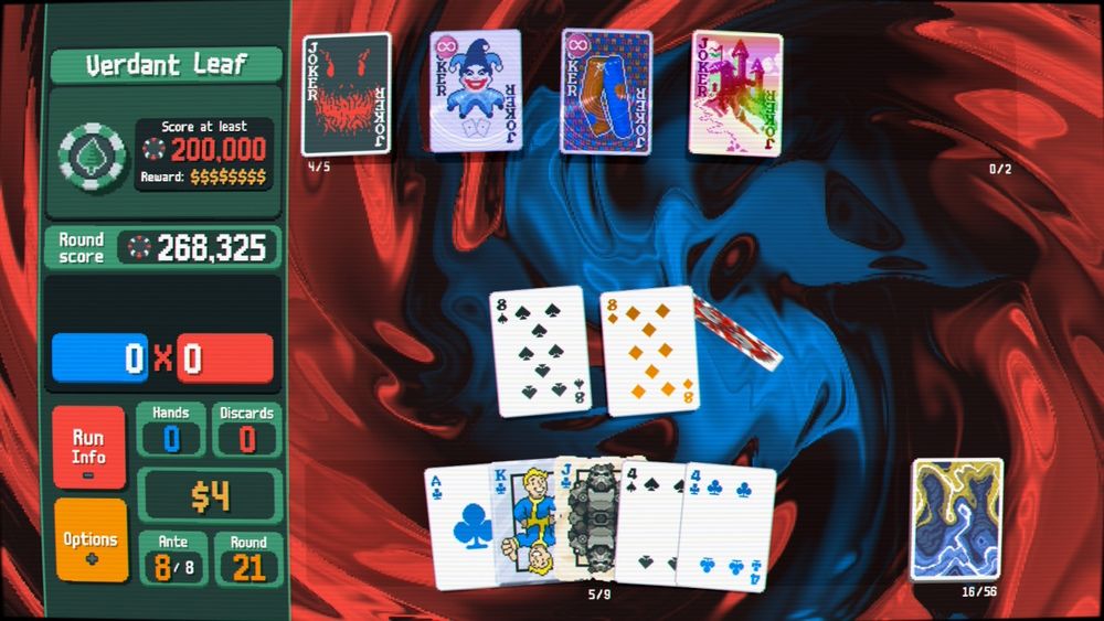 Scene of Balatro on Nintendo Switch, featuring jokers like the Scary Face, the blue guy who bonuses pairs, the orange-and-blue pants, and the castle. In the held hand are the ace, king, jack, and four of clubs and the four of spades, while the discarding played hand includes an eight of spades and diamonds. Finally, the deck is a blue-and-yellow ghost version, and the score shows 266,325 points, beating the Verdant Green's 200,000 points.