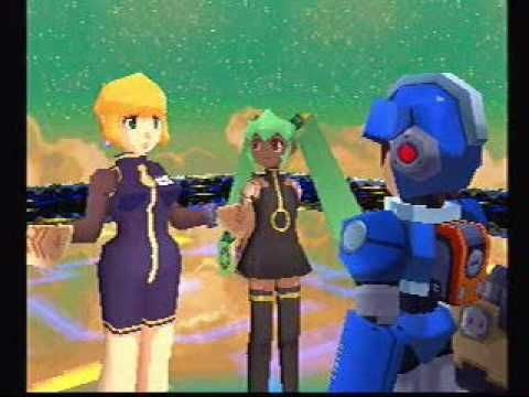 Scene from Mega Man Legends 2 for Sony PlayStation (PS1 or PSX), with MegaMan Volnutt (MegaMan Trigger) and Sera (controlling Yuna's body) listening to Yuna (controlling Matilda Caskett's body). The sky is green, starry, and cloudy. Picture from YouTube channel Ephraim225.