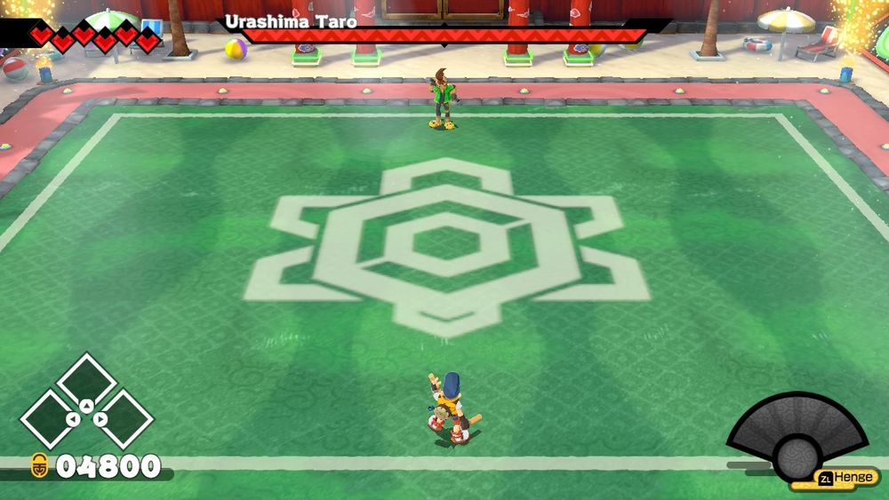 Overhead view of Bakeru fighting Urashima Taro on a green field surrounded by beach tents.