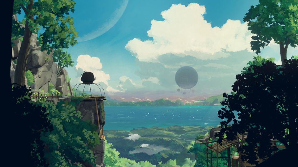 A giant unlit orb in the background of a verdant and watery location partially covered in clouds. In the midground is a spider-like robot looking at the orb.