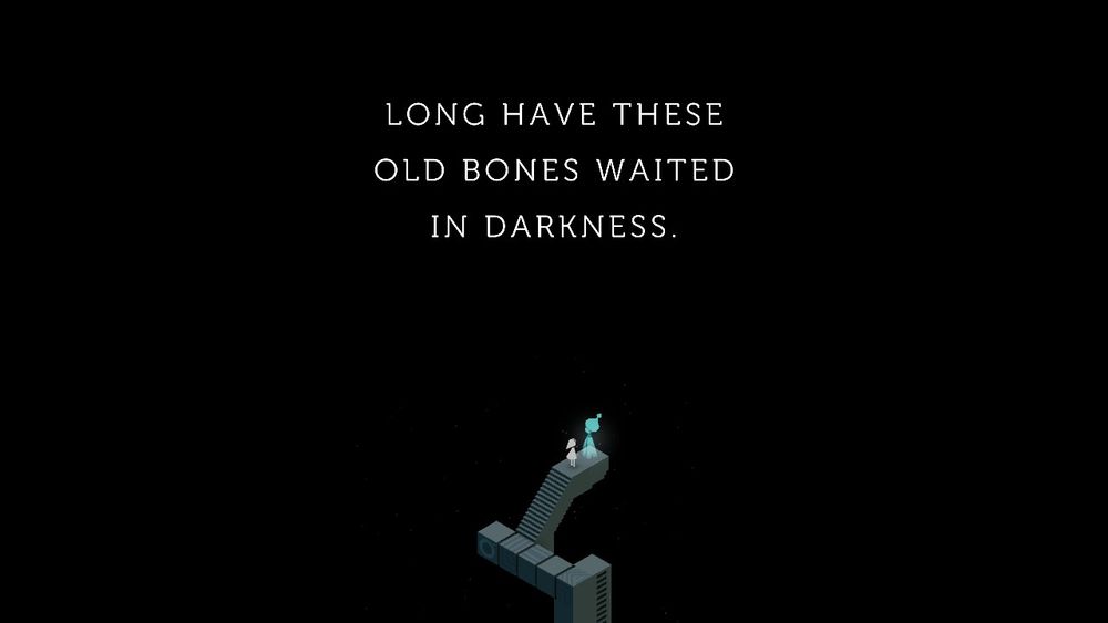 Ida approaches a blue silhouette in the darkness, with the text "Long have these old bones waited in darkness" hovering above everything.