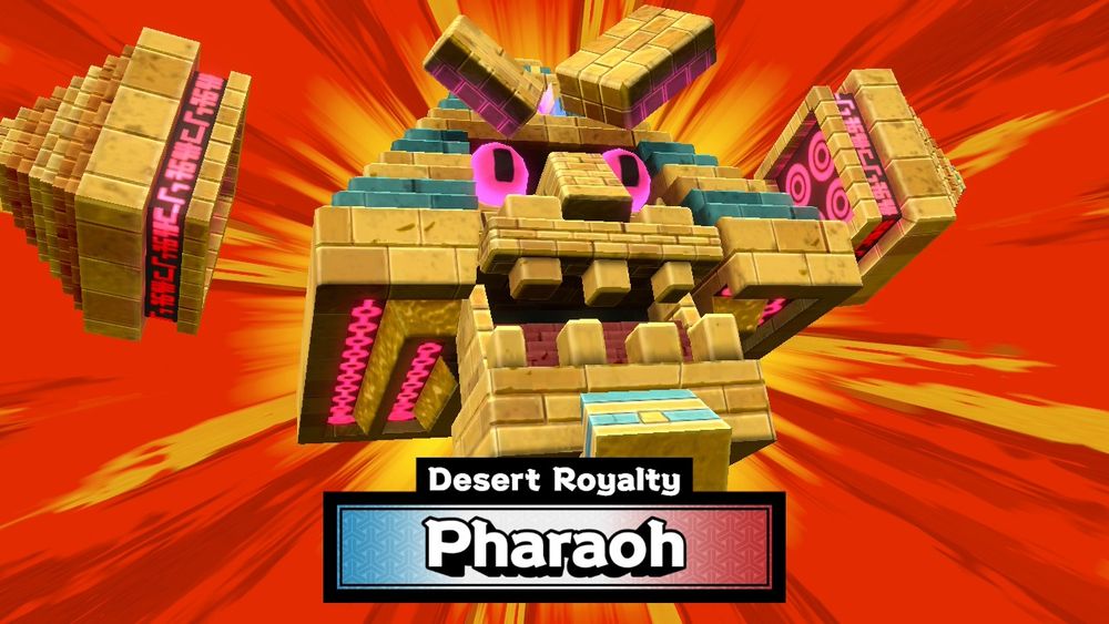 Scene from Bakeru for Nintendo Switch showing "Desert Royalty: Pharaoh," with a pyramid body, glowing pink eyes, and stone eyebrows, mouth, and hand-like smaller pyramids.